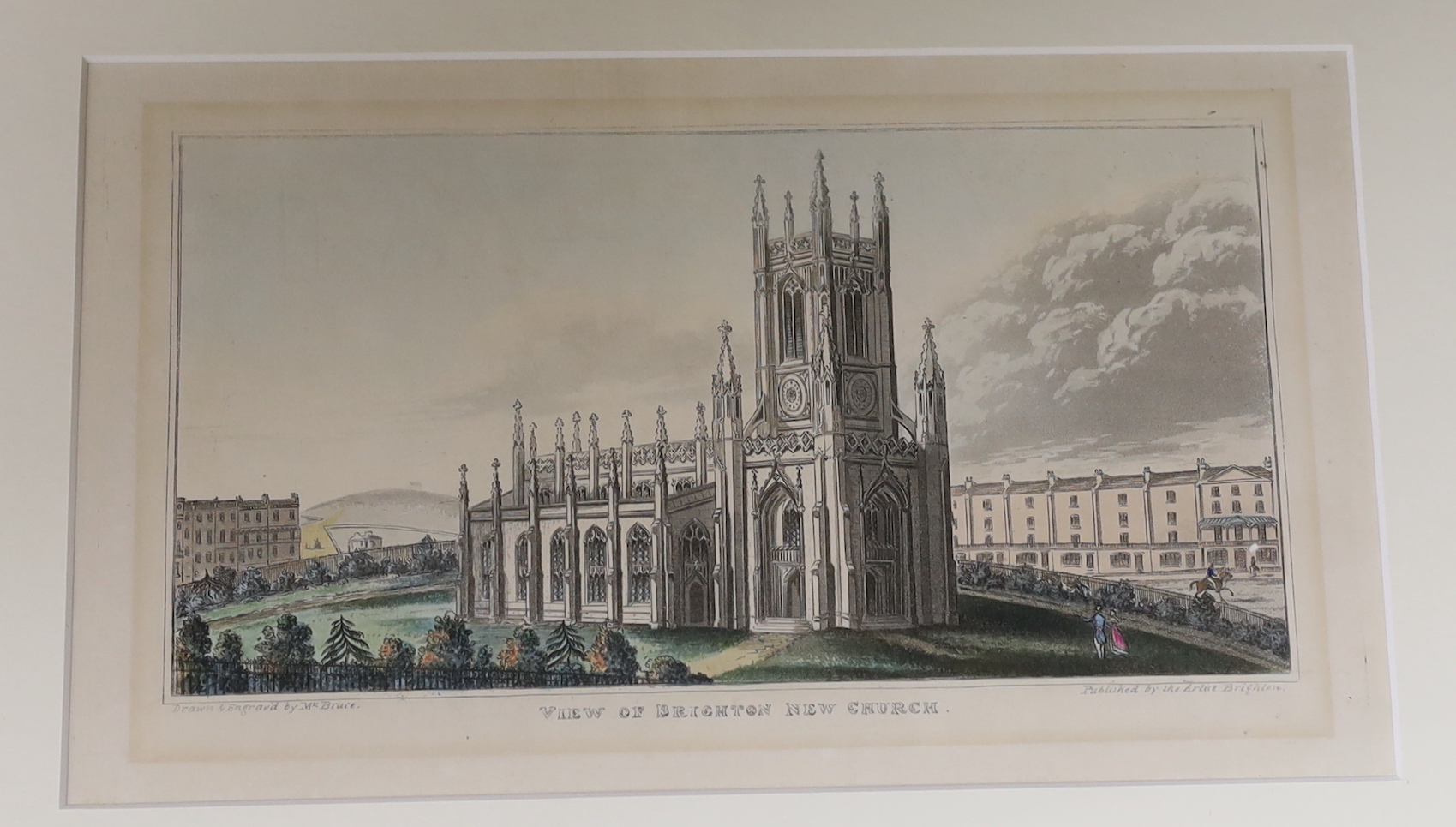 Seven 19th century engravings and prints of Brighton Churches, some hand coloured, including St Peter’s Church, one after John Bruce, View of Brighton New Church and Hove Church from the sea, after Thomas Henwood, publ.